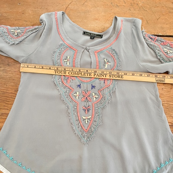 Love Stitch Grey Boho Embroidered Bell Sleeve top - Picture 10 of 16